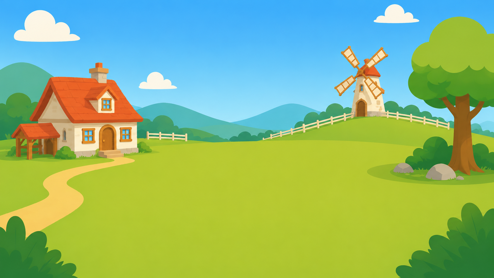 A sunny farm valley with a farmhouse and windmill in Hayvale
