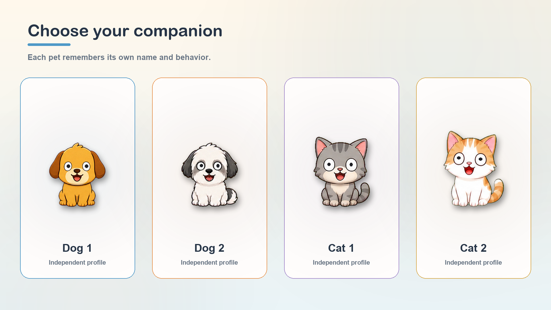 Four included Editor Companion pets with independent profiles