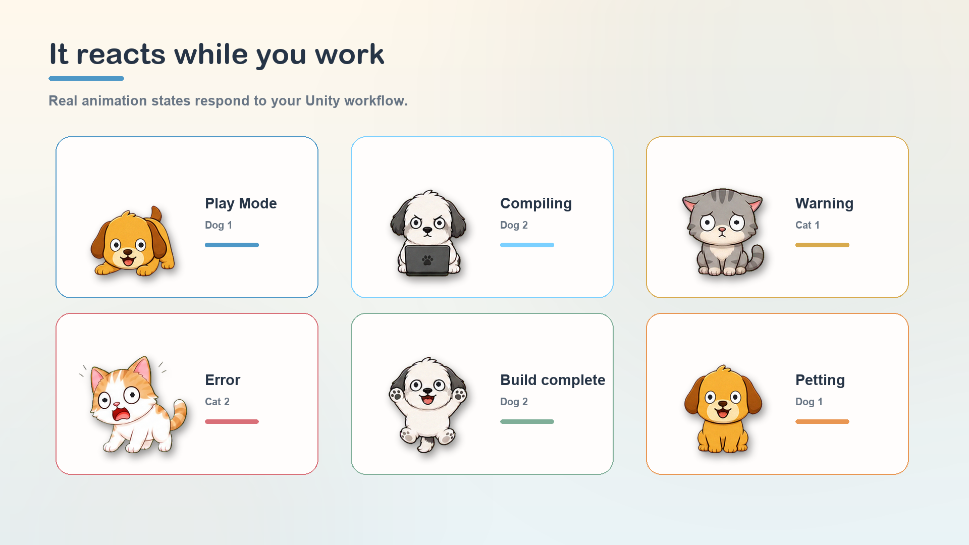Companion reactions for Play Mode, compiling, warnings, errors, builds, and petting