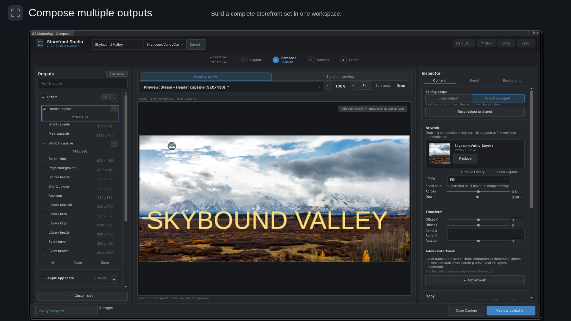 Composing artwork for multiple storefront outputs
