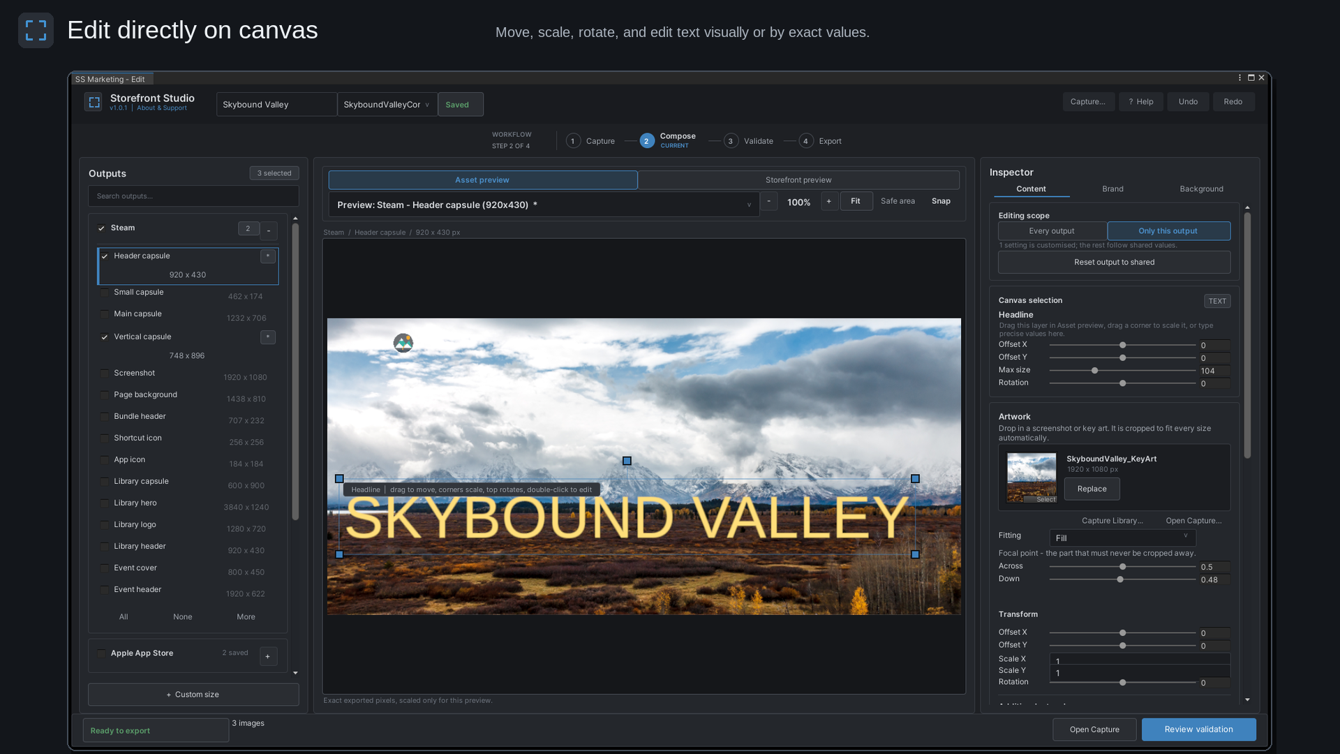 Editing artwork and text directly on the preview canvas