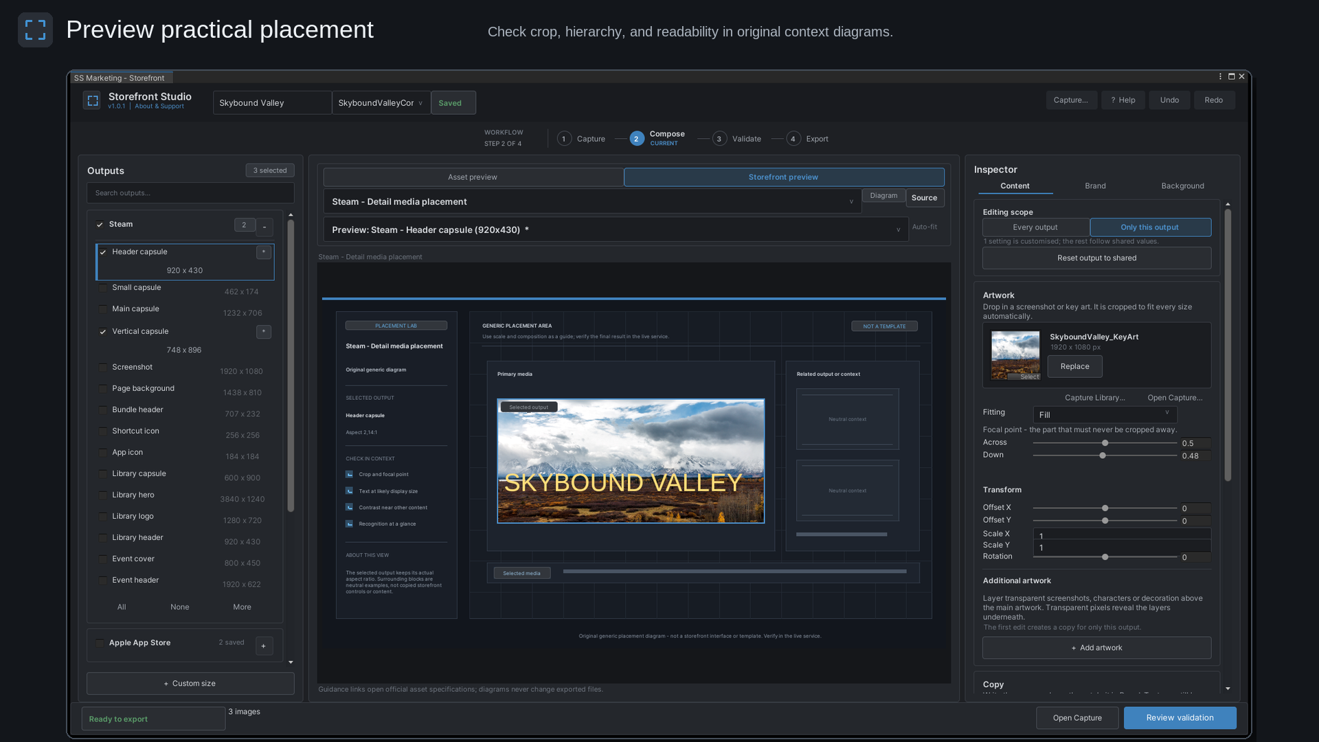 Reviewing artwork in an original storefront placement preview