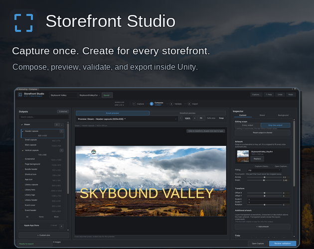 Storefront Studio capture, composition, validation, and export workflow inside Unity